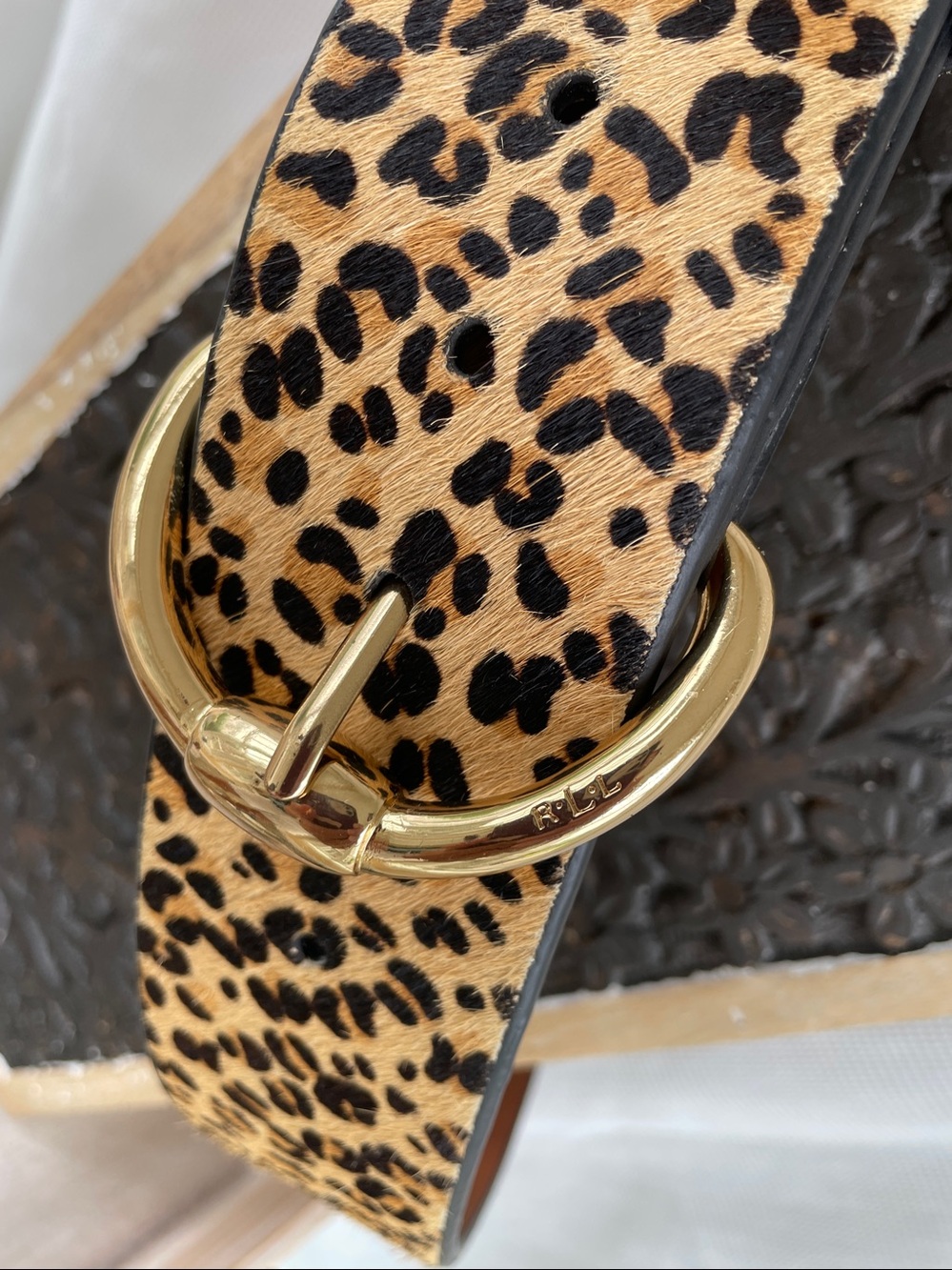 Ralph Lauren Leopard Calf hair Print Wide Belt with Gold Buckle - Picture 2 of 9
